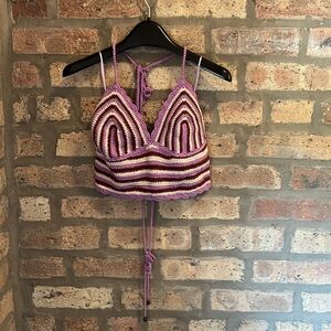 ASTR Women’s Cabana Crochet Halter Crop Top Lavender and Brown Stripes